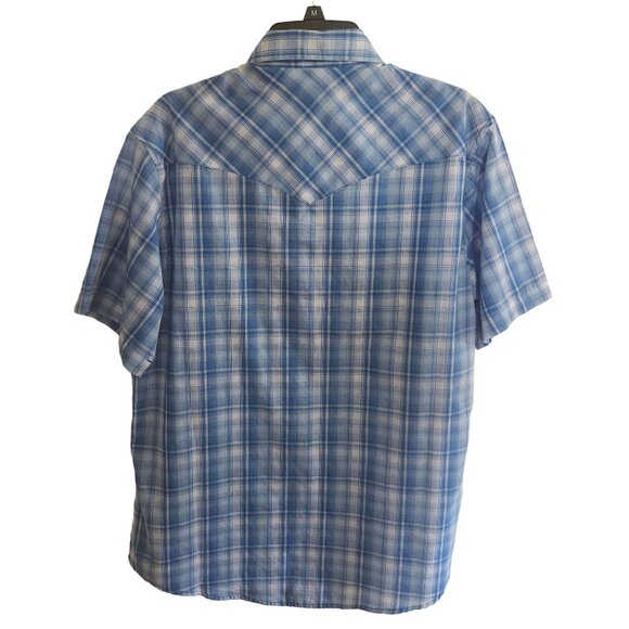 Large Wrangler Mens Western Blue Plaid Short Sleeve Shirt Pearl Snap Buttons - Picture 6 of 12